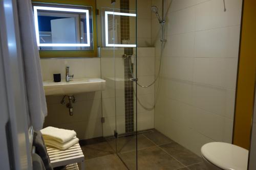 a bathroom with a shower and a sink at Hotel & Restaurant Venner Moor in Senden