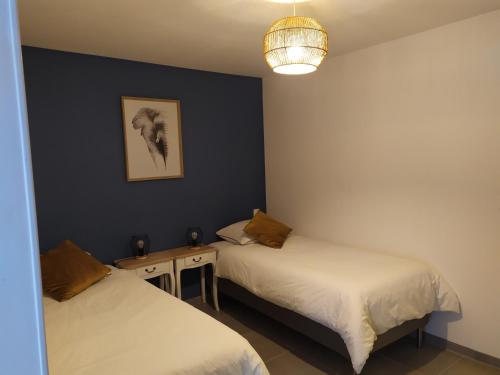 ein Schlafzimmer mit 2 Betten und einer Lampe in der Unterkunft Studio Les chambres de la source - Milouin in Sancourt