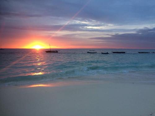 a sunset on the beach with boats in the water at Badolina Bungalows in Nungwi