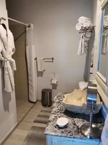 a bathroom with a sink and a shower at Hacienda del Lago Boutique Hotel in Ajijic