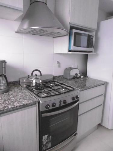 a kitchen with a stove and a microwave at DEPTOS VIP en EDIFICIO FRENTE AL MAR-ZONA CONSTITUCION in Mar del Plata