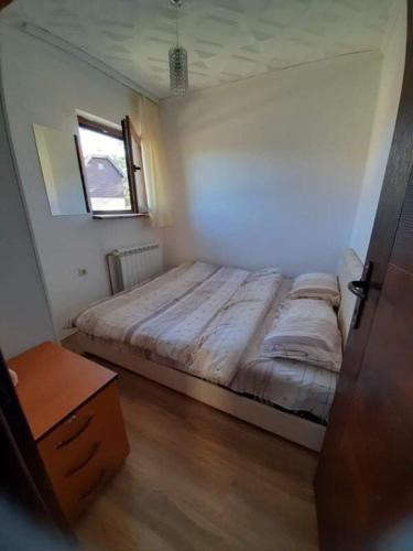 a bedroom with a bed in a room with a window at Tara Medina koliba in Kaludjerske Bare