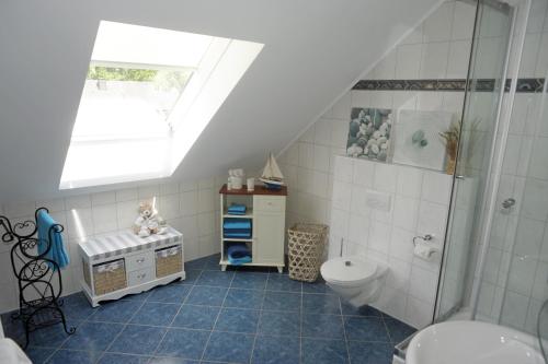 a bathroom with a toilet and a sink and a skylight at Ferienwohnung Landfein Schalkenmehren in Schalkenmehren