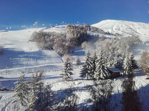 a snow covered mountain with trees and a cabin at Larnica in Le Corbier