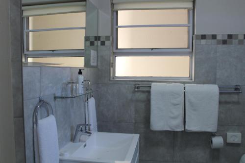 a bathroom with a sink and two windows at Cinnamon House Bed & Breakfast in Cape Town