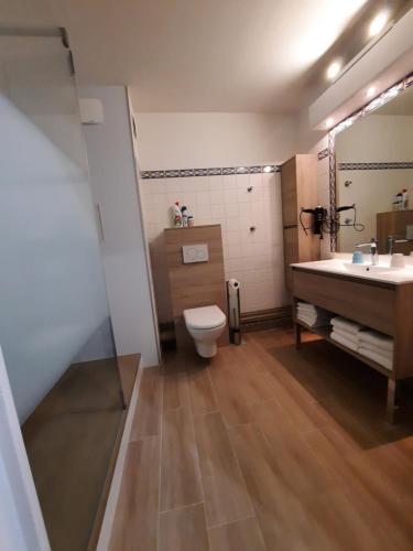 ein Badezimmer mit einem WC, einem Waschbecken und einer Badewanne in der Unterkunft Appartement AB DU PARC in Neufchâtel-Hardelot
