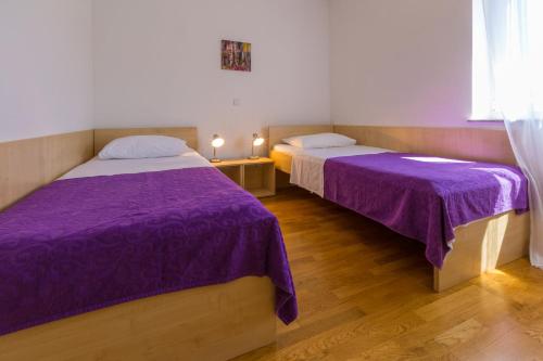 two beds in a room with purple sheets at DAKOVIC DENI in Šilo