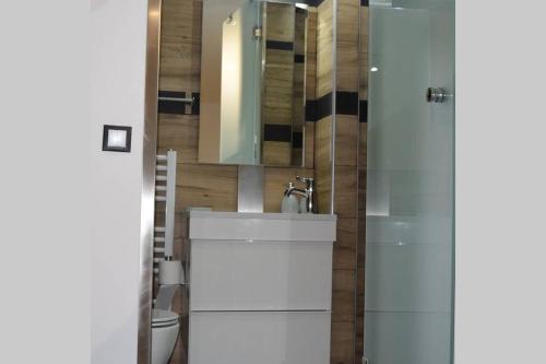 a bathroom with a white sink and a mirror at h2h Anthi Comfort apt near Athens in Athens