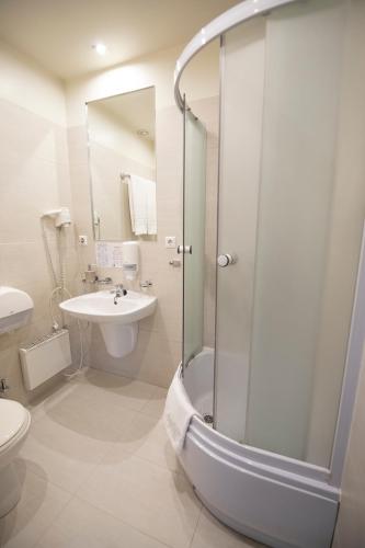 a bathroom with a shower and a sink and a toilet at Svečių Namai TEN in Marijampolė
