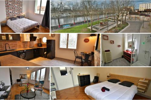 een collage van foto's van een hotelkamer met een bed en uitzicht bij Résidence Les Berges Du Cher in Montluçon