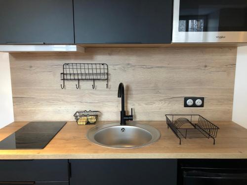 a kitchen counter with a sink and a faucet at Les Sagranières in Salers