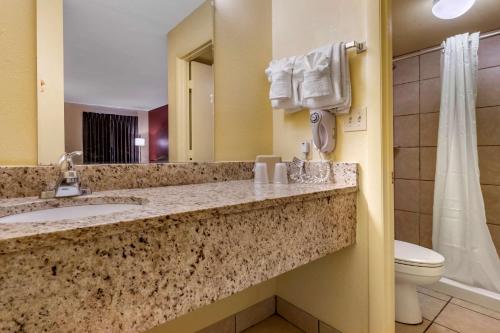 uma casa de banho com um lavatório, um WC e um chuveiro em Econo Lodge Inn & Suites Maingate Central em Kissimmee