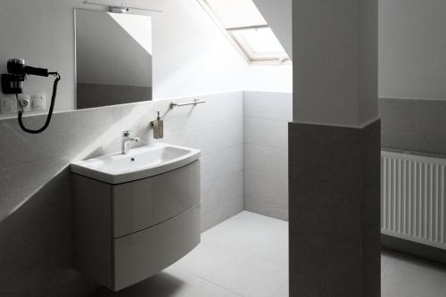 a bathroom with a sink and a mirror at English House in Bistriţa