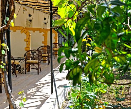 d'une cour avec des chaises et des tables. dans l'établissement Villa Elena Studios, à Dassia