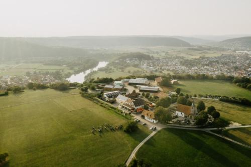 an aerial view of a town and a river at Schäfer's Ferienhof Michaelsberg in Gundelsheim