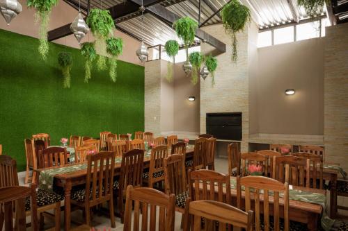 a dining room with tables and chairs and a green wall at Silverton Travel Lodge in Pretoria
