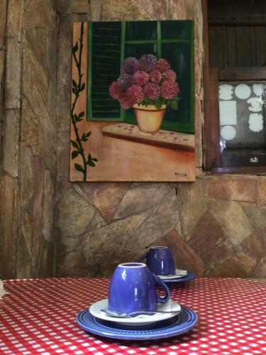 deux tasses et soucoupes bleues assises sur une table dans l'établissement Pousada Paraíso São thome, à São Thomé das Letras