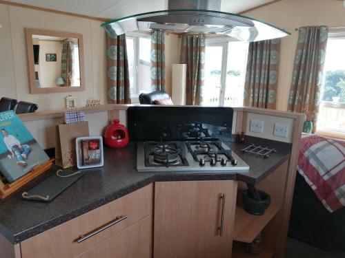 a kitchen with a stove and a counter top at Hawthorn Hot tub Lodge Northumberland in Newton on the Moor