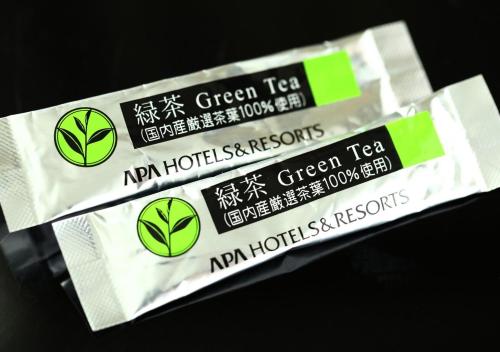 a package of green tea with labels on it at APA Hotel Osaka Higobashi Ekimae in Osaka