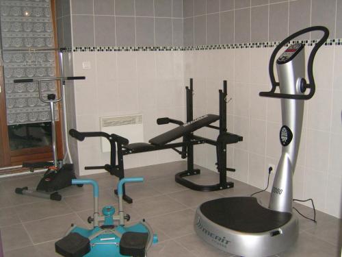 a gym with a treadmill and weights in a room at Chez Louis chambres d'hôtes à la ferme in La Canourgue