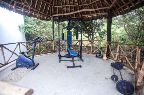een fitnessruimte met blauwe fitnessapparatuur in een gebouw bij Watamu Beach Cottages B&B in Watamu