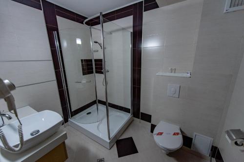 a bathroom with a shower and a toilet and a sink at Vila Hera Luxury in Predeal