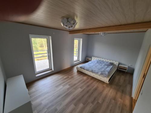 a bedroom with a bed and two windows at Sonda puhkemaja in Sonda