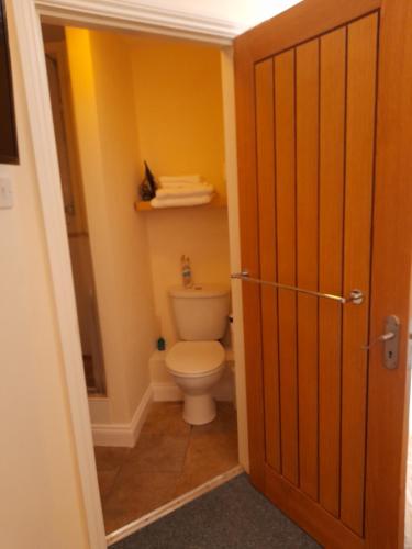 a bathroom with a toilet and a wooden door at 17 Foss Street in Dartmouth