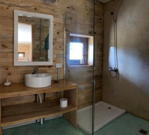 y baño con lavabo y ducha. en Wau Purul, Cabaña 2 en Cholila