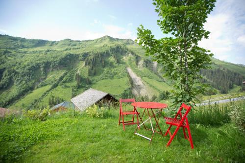 two red chairs and a table in a field with a mountain at Appartements Berg 170 in Damuls