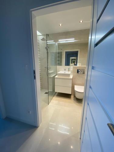 een badkamer met een douche, een toilet en een wastafel bij Flat4You II in Poznań