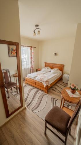 a bedroom with a bed and a table and a mirror at Pensiunea Ana in Cavnic