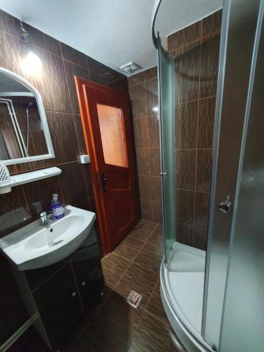 a bathroom with a shower and a sink and a glass shower door at Pensiunea Poarta Lui Ionele in Gîrda de Sus