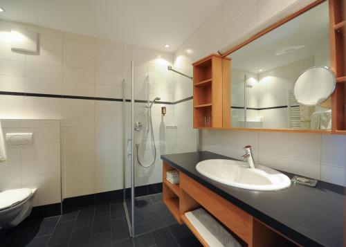 La salle de bains est pourvue d'un lavabo et d'une douche. dans l'établissement Gasthof Stern, à Prato allo Stelvio