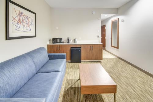 a living room with a blue couch and a table at Holiday Inn Express Hotel & Suites Foley by IHG in Foley