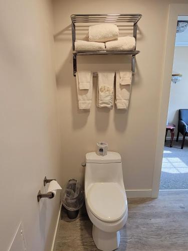 a bathroom with a toilet and towels on a shelf at Lowell Inn in Stillwater