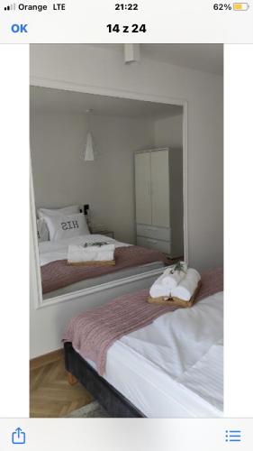two beds in a room with a large mirror at Apartament Romantyczny in Sandomierz