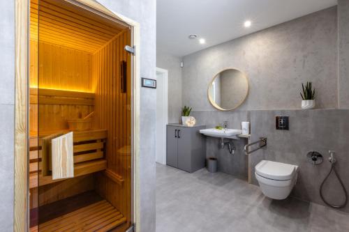 a bathroom with a toilet and a sink and a mirror at Śnieżka Exclusive Apartamenty in Kowary