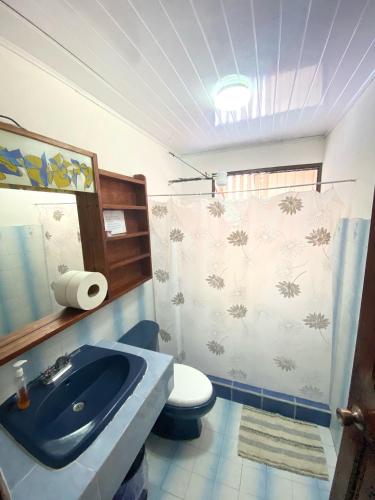 a bathroom with a blue sink and a toilet at AmimodoBeachRooms in Puerto Viejo