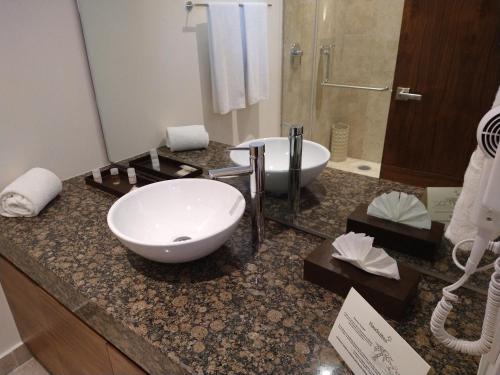 a bathroom with a sink and a tub and a mirror at Hausuites in Mexico City