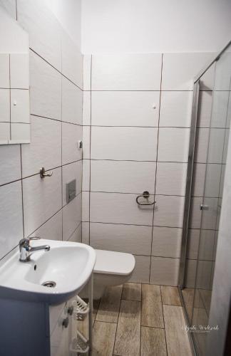 a white bathroom with a sink and a shower at Jesion in Inowrocław
