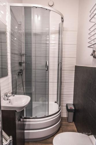 a bathroom with a shower and a sink at Jesion in Inowrocław