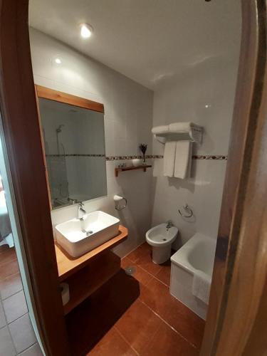 a bathroom with a sink and a toilet and a mirror at La Casona del Jou in Ortiguero