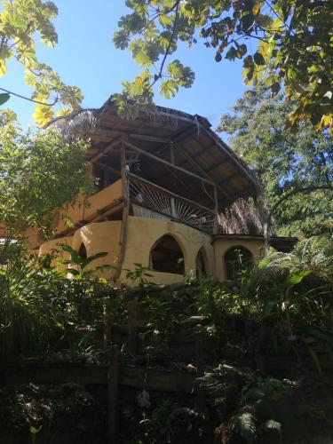 a house with a thatched roof in the trees at Sol de Minca Eco Lodge in Minca