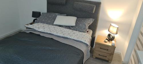 - une chambre avec un lit et un ordinateur portable dans l'établissement Apartment Manhattan, à Tarnowskie Góry