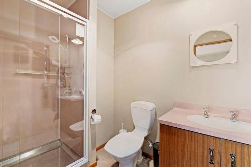 a bathroom with a toilet and a sink and a shower at Sycamore Place - Wanaka Holiday Home in Wanaka