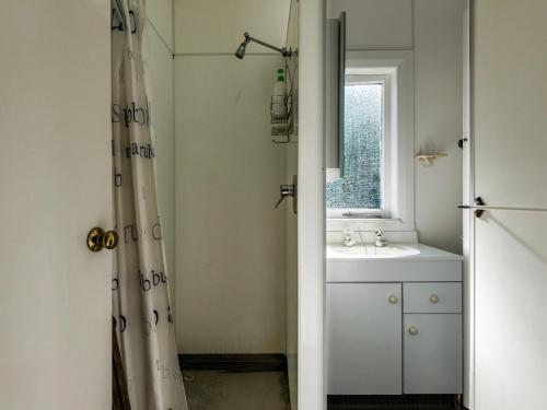 a bathroom with a shower and a sink at Onetangi Beach Cottage - Onetangi Bach in Onetangi