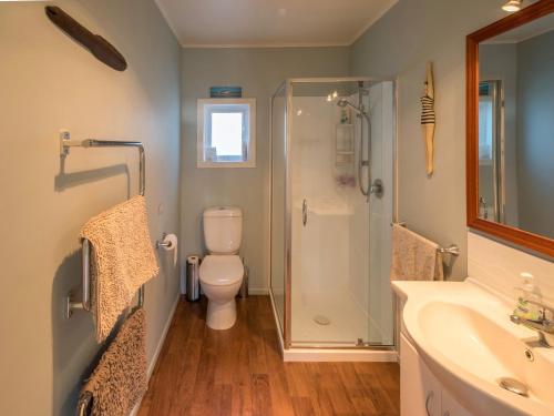 a bathroom with a shower and a toilet and a sink at Raisin Town - Marahau Bach in Marahau