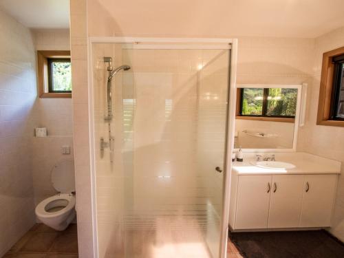 a bathroom with a shower and a sink and a toilet at Tasman Hideaway - Marahau Holiday Home in Marahau