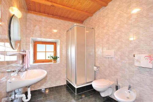 a bathroom with a shower and a sink and a toilet at Unterfinser in Laion